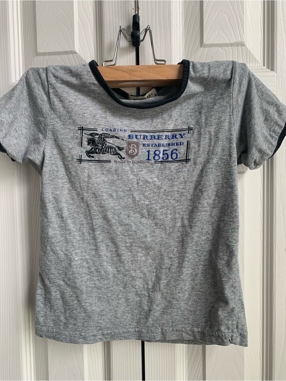 Burberry Gray Tee with Navy Trim and Crest Graphic ( SZ M)